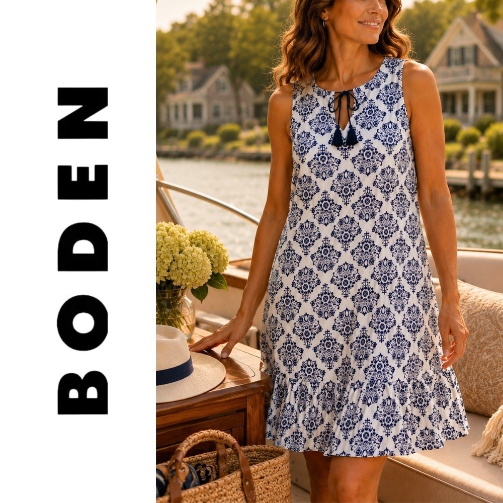 Boden, Navy Floral Medallion Tassel V-Neck Ruffle Hem Dress Blue White Size‎ 14